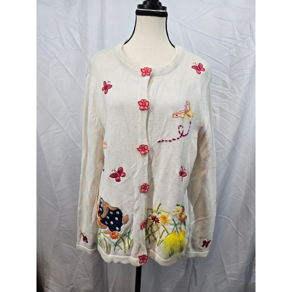 All Points Reference Point Cream Embroidered Bunny Butterfly Cardigan XL Easter
